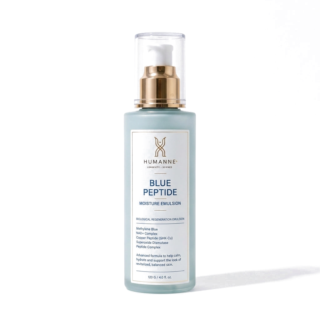 Blue Peptide Moisture Emulsion, pump bottle, front of pack