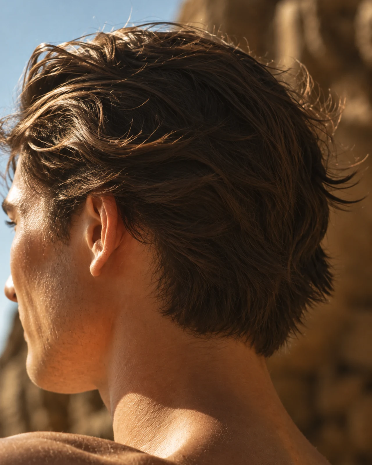 Man's hair in warm afternoon sunlight