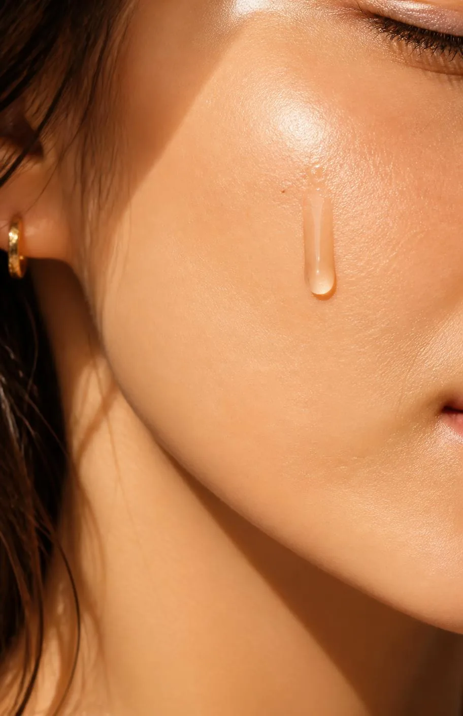 Close-up of skin with a clear serum droplet in warm light